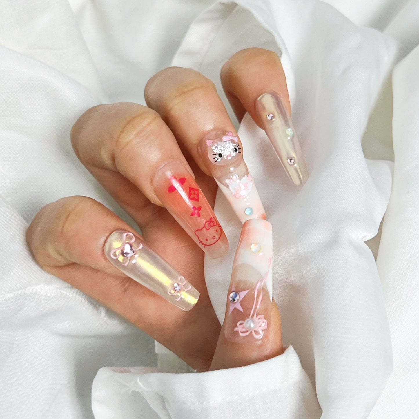 GlimmyGo Cat Bow & Pink Floral Extra Long Coffin Press On Nails