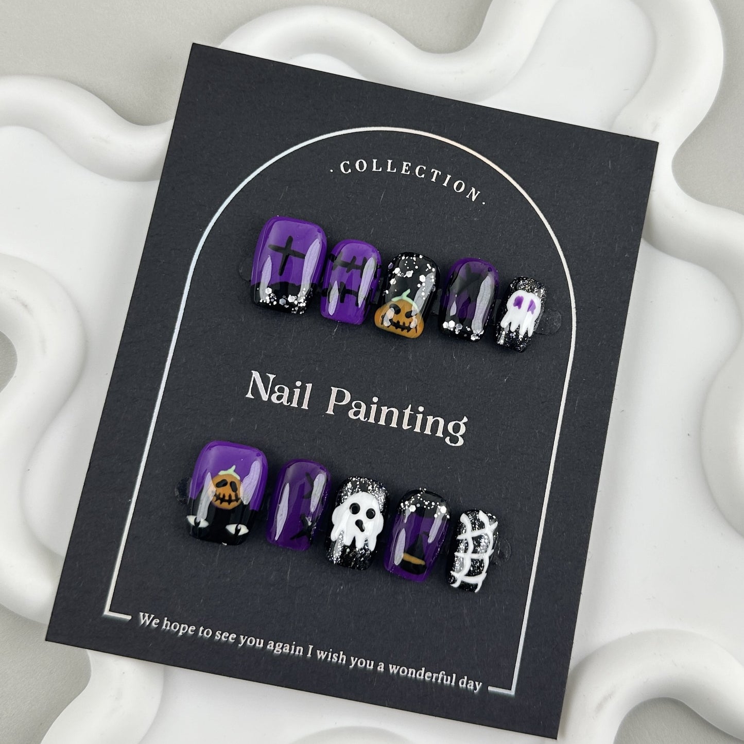 GlimmyGo Purple Halloween Cute Ghost Handcrafted Press On Nails