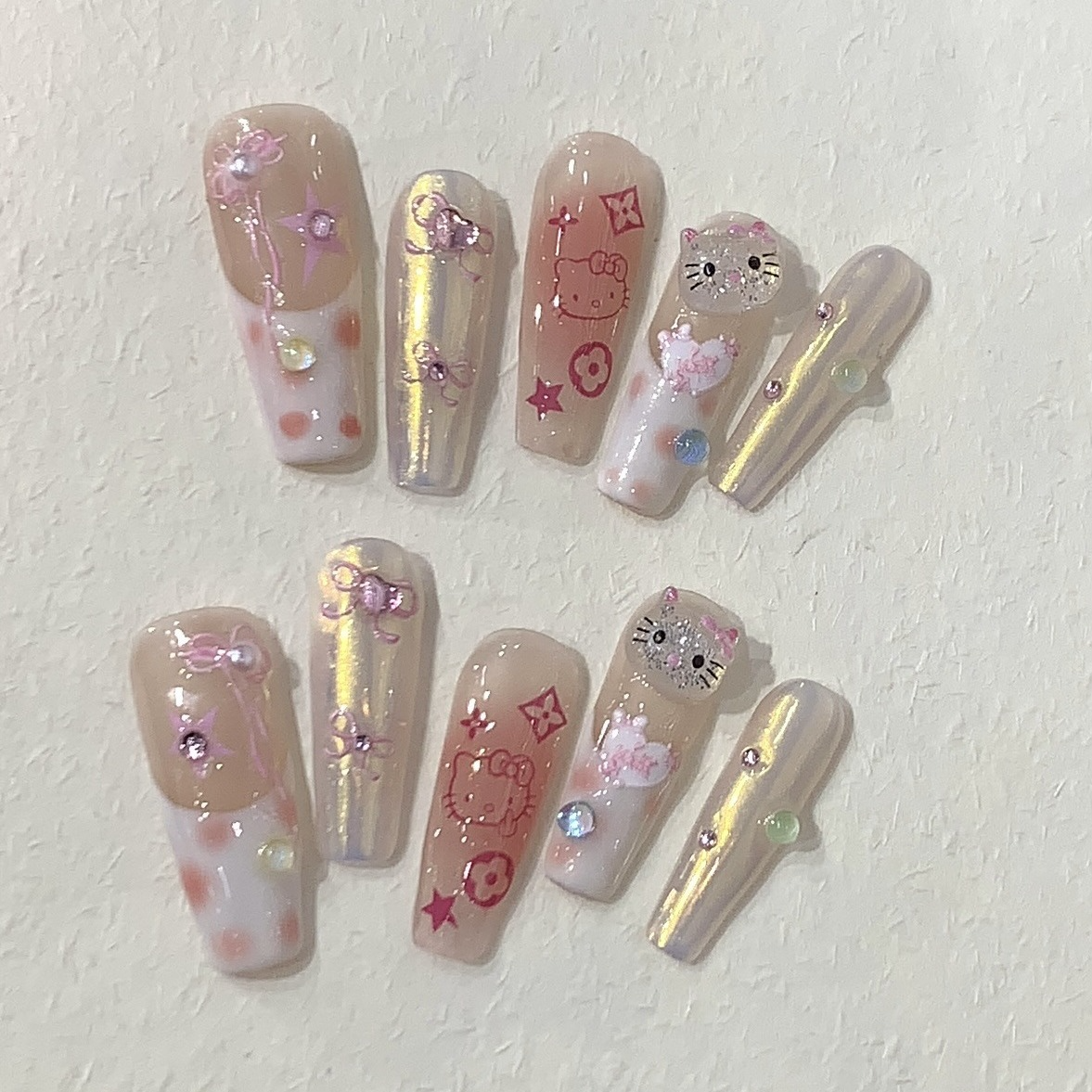 GlimmyGo Cat Bow & Pink Floral Extra Long Coffin Press On Nails