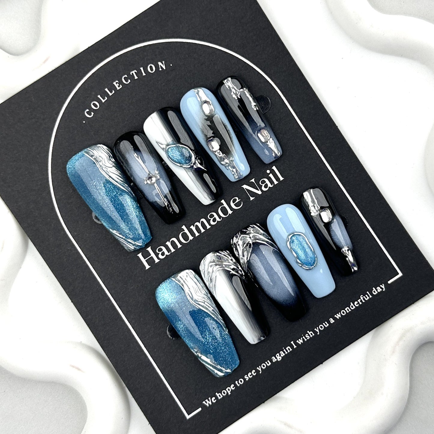 Industrial Punk Matte Ocean Blue Marble Cat Eye Press-On Nails