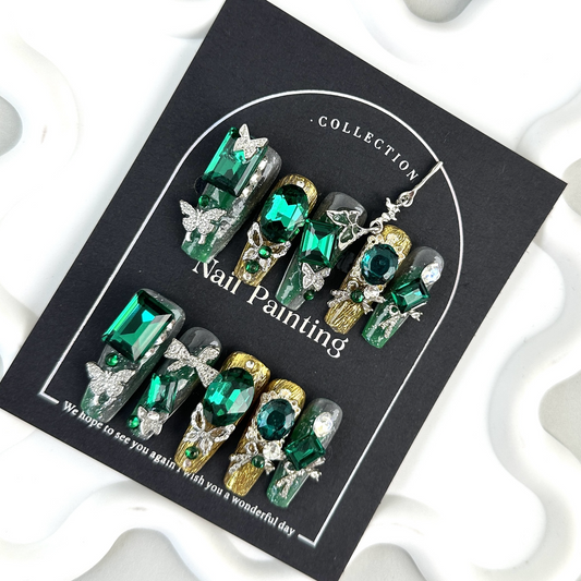 Opulent Press-On Nails: Emerald Green & Metallic Butterfly Coffin Tips with Gold Accents