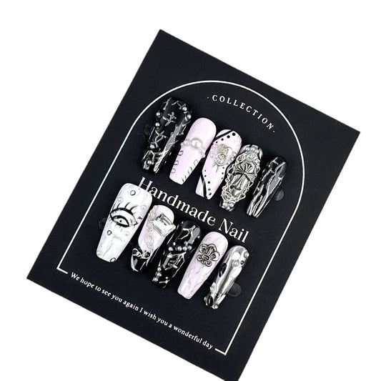 Rebel Vintage Press-On Nails: Gothic Handcrafted Cross & Eye Designs for Alt Queens