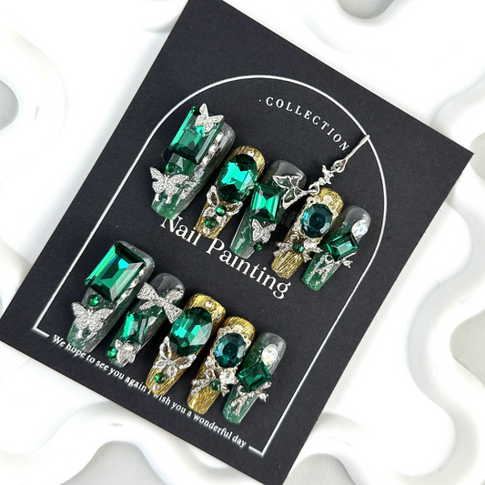 GlimmyGo Handcrafted Opulent Green Diamond Press-On Nails