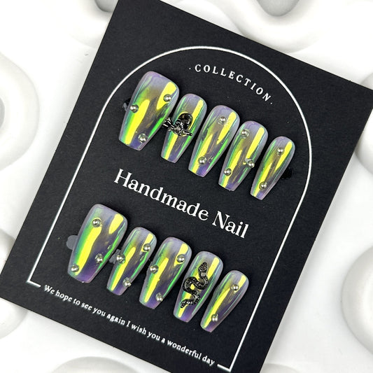 GlimmyGo Handcrafted Cyberpunk Short Coffin Press-On Nails