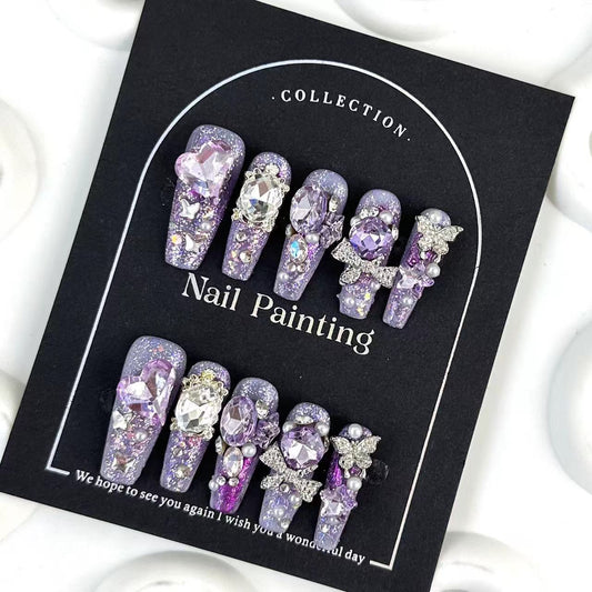 GlimmyGo Pure Handmade Purple Diamond Press-On Nails