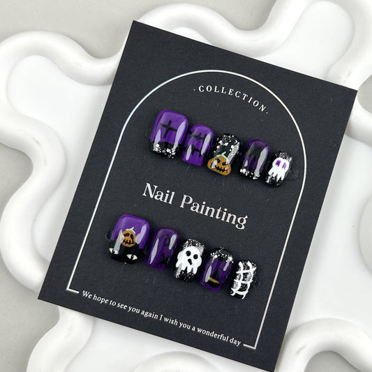 GlimmyGo Purple Halloween Cute Ghost Handcrafted Press On Nails
