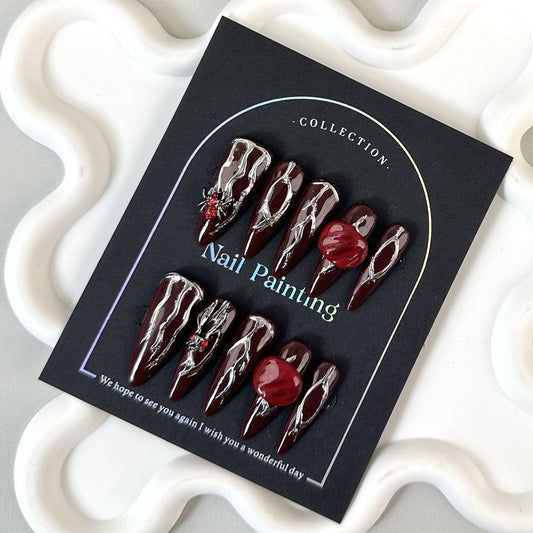 GlimmyGo Spider Wine Red Halloween Press On Nail