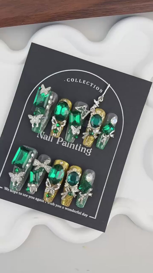 GlimmyGo Handcrafted Opulent Green Diamond Press-On Nails