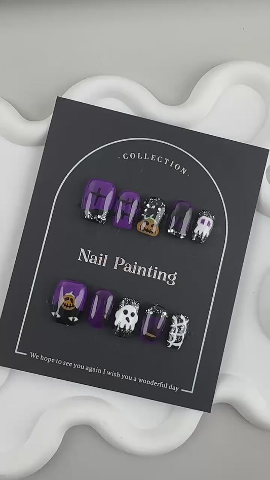 GlimmyGo Purple Halloween Cute Ghost Handcrafted Press On Nails