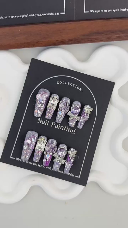GlimmyGo Pure Handmade Purple Diamond Press-On Nails